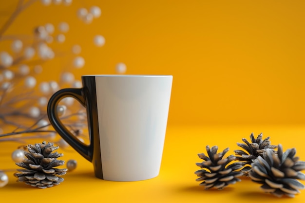 Taça branca com cones de pinheiro decorativos em fundo amarelo