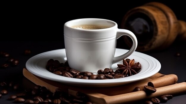 Taça branca de café quente com canela no prato