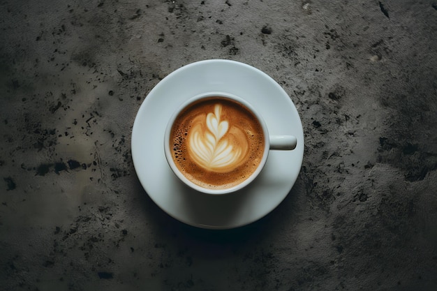 Taça branca ritual da manhã com café em fundo cinzento