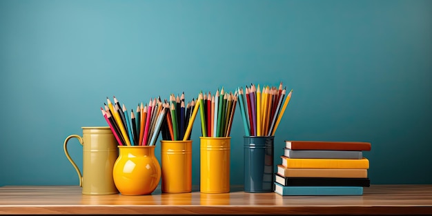 Taça com lápis coloridos e pilha de livros