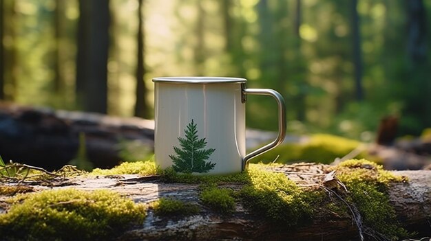 Taça de acampamento de esmalte vintage sentada em cima de um musgo coberto AI Generated Photo