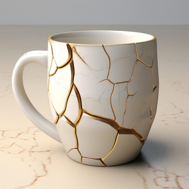 Taça de café 3D com desenho branco e dourado