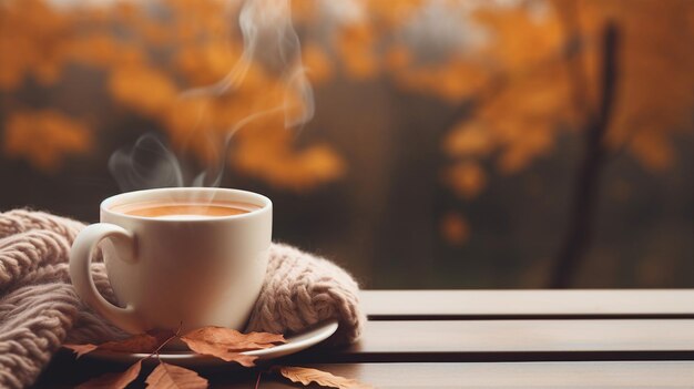 Taça de café a vapor com um lenço de malha e folhas de outono