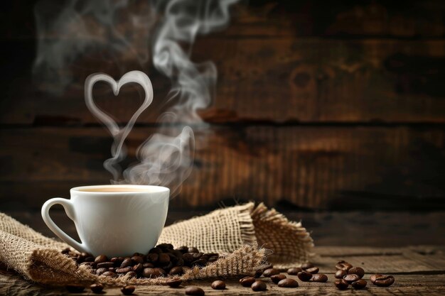 Foto taça de café a vapor com vapor em forma de coração em uma mesa de madeira rústica