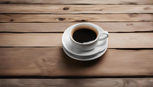 Taça de café branca em mesa de madeira