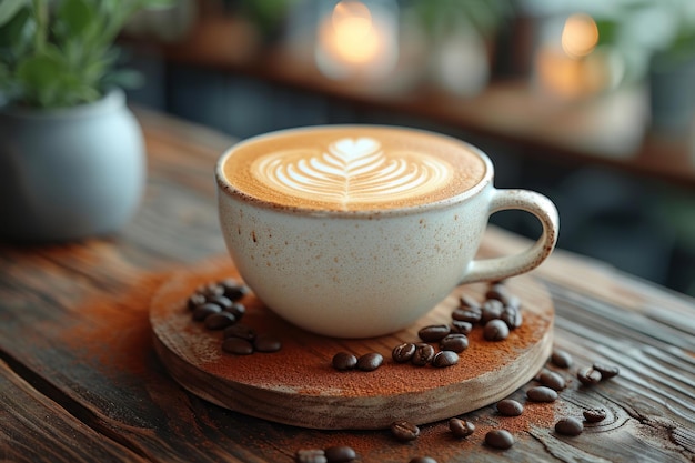 Taça de café cercada por grãos de café