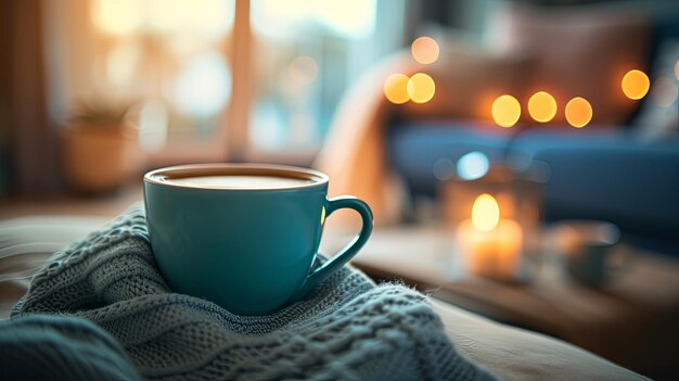 Taça de café, chá e chocolate no interior de uma sala aconchegante Desenho de fundo de bandeira