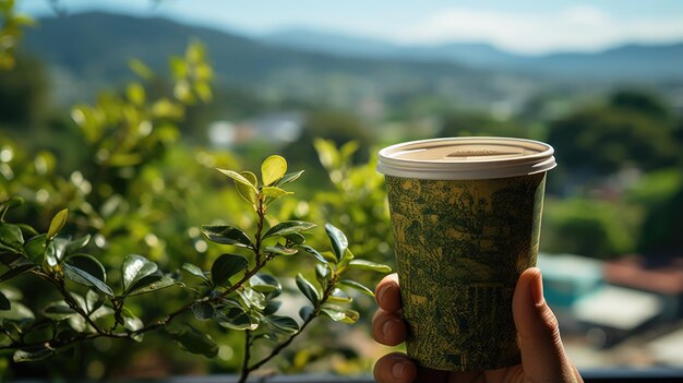 Taça de café colocada na mão com um belo fundo de paisagem de árvore fresca