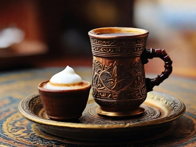 Foto taça de café com creme batido em estilo oriental em uma bandeja