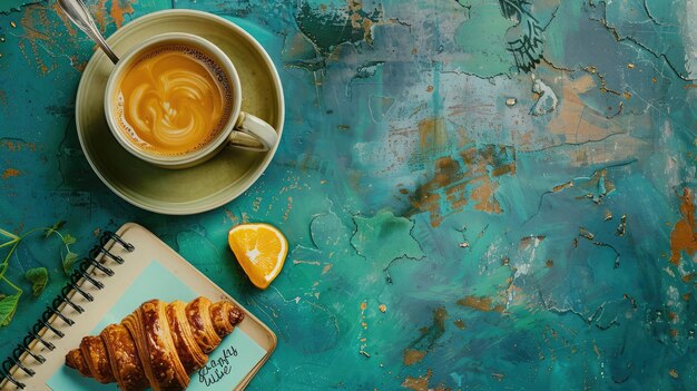 Taça de café com croissant e notas bom dia em turquesa mesa rústica de cima aconchegante e saboroso pequeno-almoço vintage tonificado