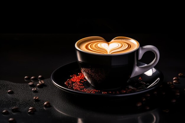 Taça de café com forma de coração e grãos de café em fundo preto Taça de chá com forma de corazón em fundo preto apresentada em close-up AI Gerado