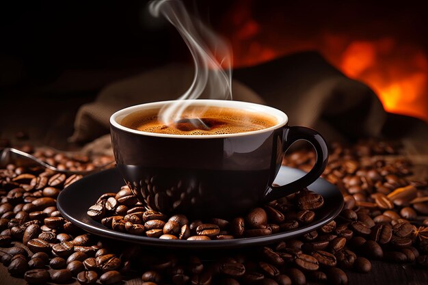 Foto taça de café com grãos de café em close-up fundo escuro