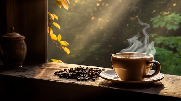 Taça de café com grãos de café em fundo de madeira