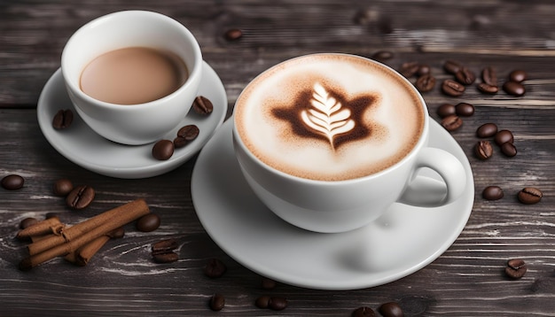 Taça de café com leite em um fundo escuro Latte quente