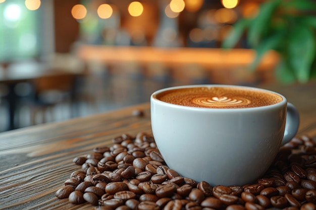 Taça de café de elixir elevada no topo da montanha de feijão