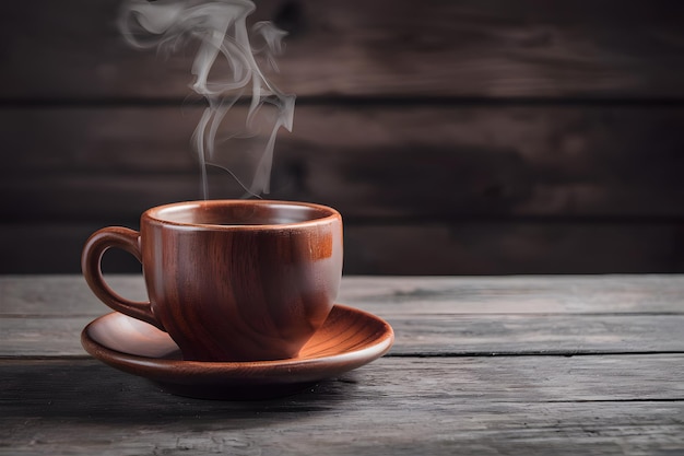 Taça de café de madeira de charme rústico na mesa com bebida fumegante