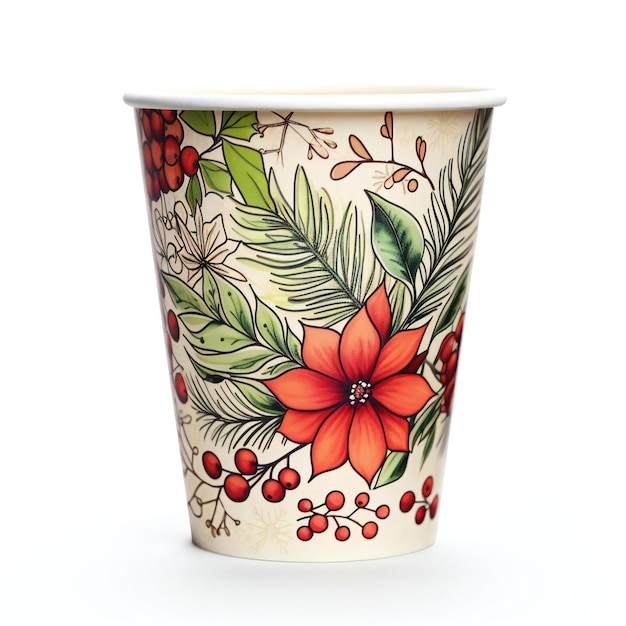 Foto taça de café decorada com flores e folhas de poinsettia