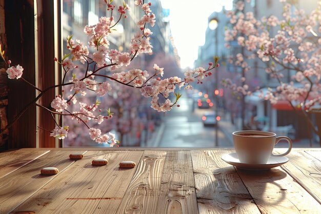 Taça de café e biscoitos no sol da manhã com sakura fotografia de comida de publicidade profissional