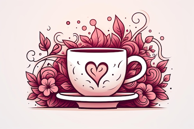 Taça de café e elementos do Dia dos Namorados ilustração de arte de linha de rabiscos