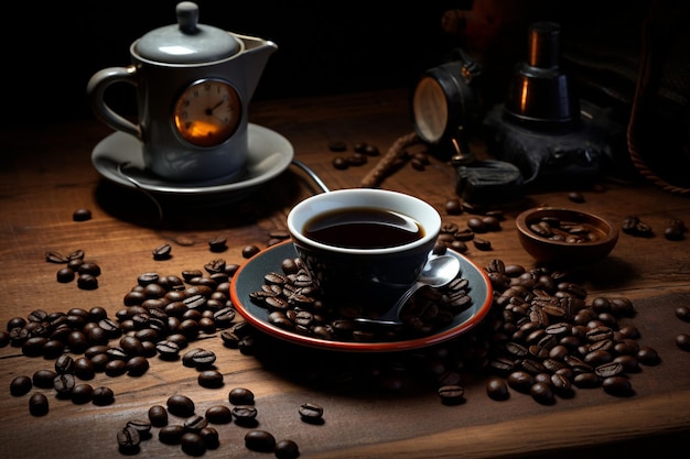 Taça de café e grãos de café