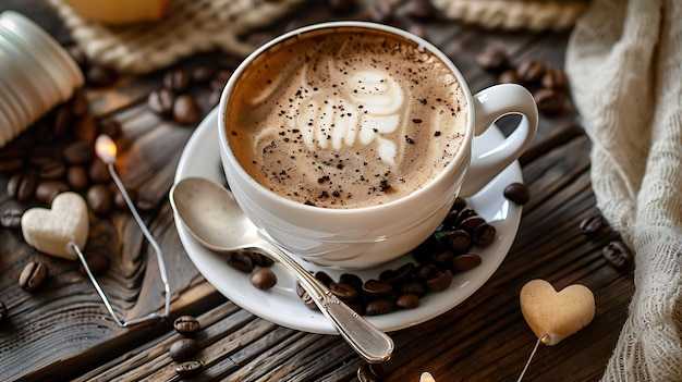 Foto taça de café em fundo branco com grãos de café espalhados em torno dela a taça é branca e tem uma colher de prata nela