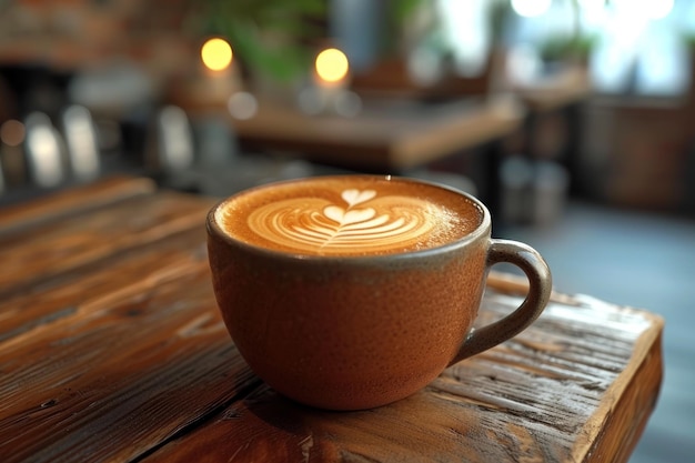 Taça de café em mesa de madeira