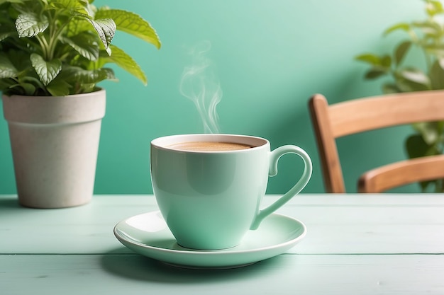 Taça de café em mesa verde hortelã fundo ao ar livre fotos de estilo de efeito de luz suave maquete de close-up