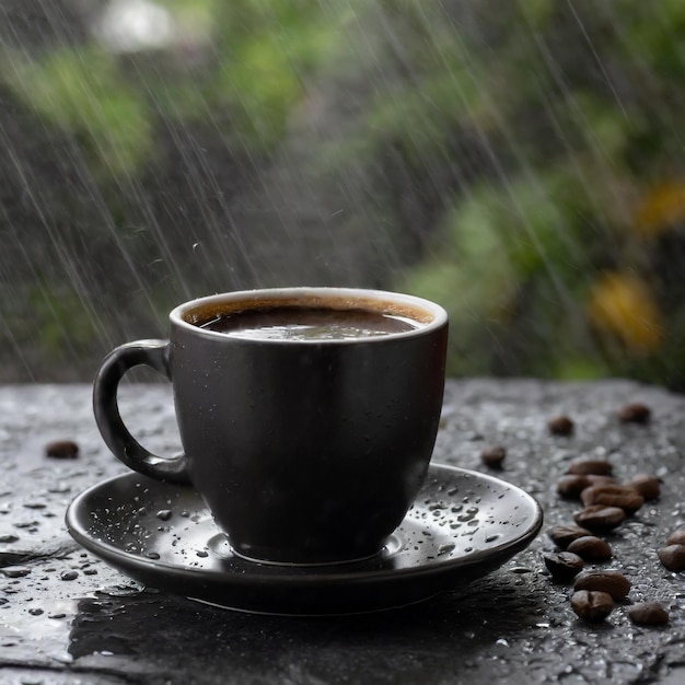 Taça de café em pedra de superfície preta com chuva no fundo Ai Gerado