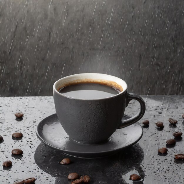 Taça de café em pedra de superfície preta com chuva no fundo Ai Gerado