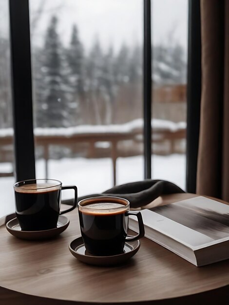 Foto taça de café em um prato perto da janela na estação de inverno