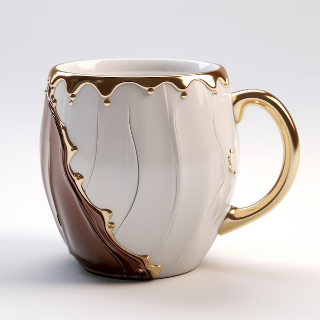 Taça de café impressa em 3D realista com detalhes de chocolate dourado e branco