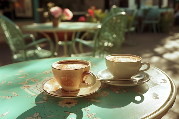 Taça de café na mesa ao ar livre em cores pastel estilo vintage retro cena de café na calçada