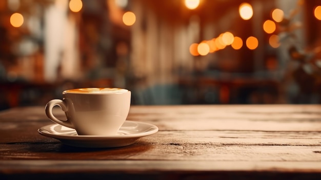 Taça de café na mesa com fundo de restaurante desfocado