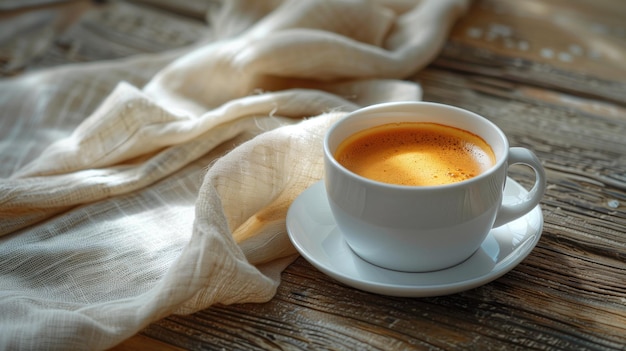 Taça de café na mesa de madeira com guardanapo de linho branco