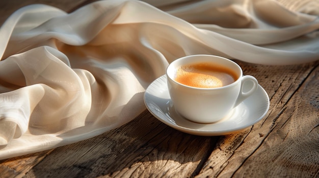 Taça de café na mesa de madeira com guardanapo de linho branco