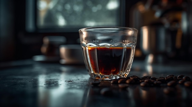 Foto taça de café na mesa de uma cafeteria interior com fundo desfocado