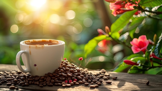 Taça de café na mesa de verão terraço do jardim conceito de fundo