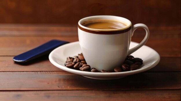 Taça de café na mesa em fundo castanho