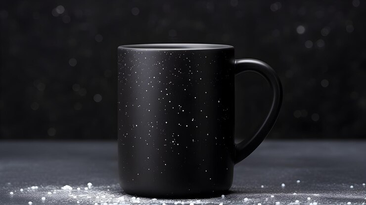 Foto taça de café preta com manchas brancas em fundo escuro