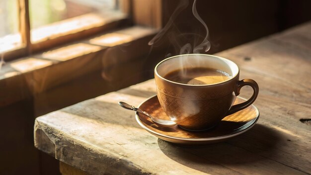 Taça de café quente colocada em mesa de madeira