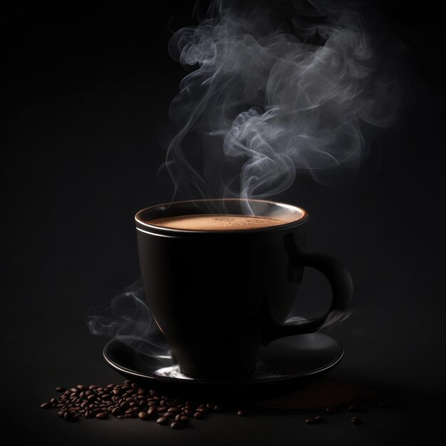 Taça de café quente em fundo preto escuro