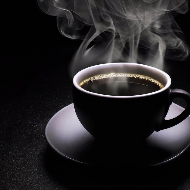 Taça de café quente em fundo preto escuro