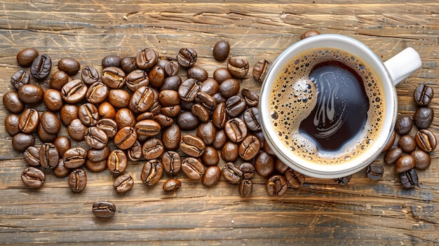 Taça de café recém-fervida cercada por grãos de café assados em fundo de madeira rústica