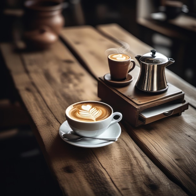 Taça de café vintage com arte de latte em mesa de madeira