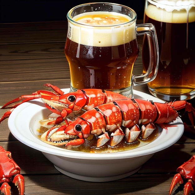 Taça de cerveja e caranguejo cozido