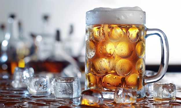 Taça de cerveja fresca e fria com cubos de gelo no balcão do bar