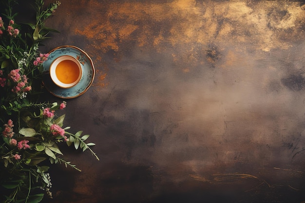 Taça de chá com flores em fundo escuro vista superior com espaço de cópia