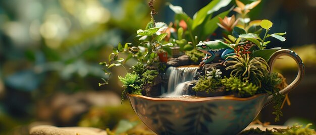 Taça de chá Ecossistema Teacup Ecossistema mundo em miniatura sapo folhagem verde vibrante plantas cachoeira microcosmo natureza mágica vida pequena anfíbios flora habitat exuberante decoração criativa