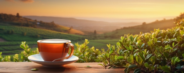 Taça de chá quente e folha de chá na mesa de madeira com plantações de chá de fundo bandeira Generative Ai