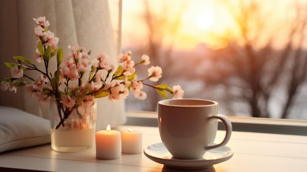 Foto taça de chá quente e interior de casa de primavera conceito de bom dia